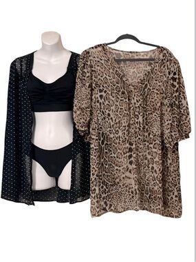 Two Sheer Beach Pool Swimsuit Coverup Flowy Tops Blouses Leopard & Polka Dot